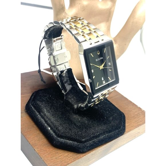 Bulova Men's Watch 98D153 Black Dial Diamond Accent Rectangle Two Tone Steel - Picture 15 of 15